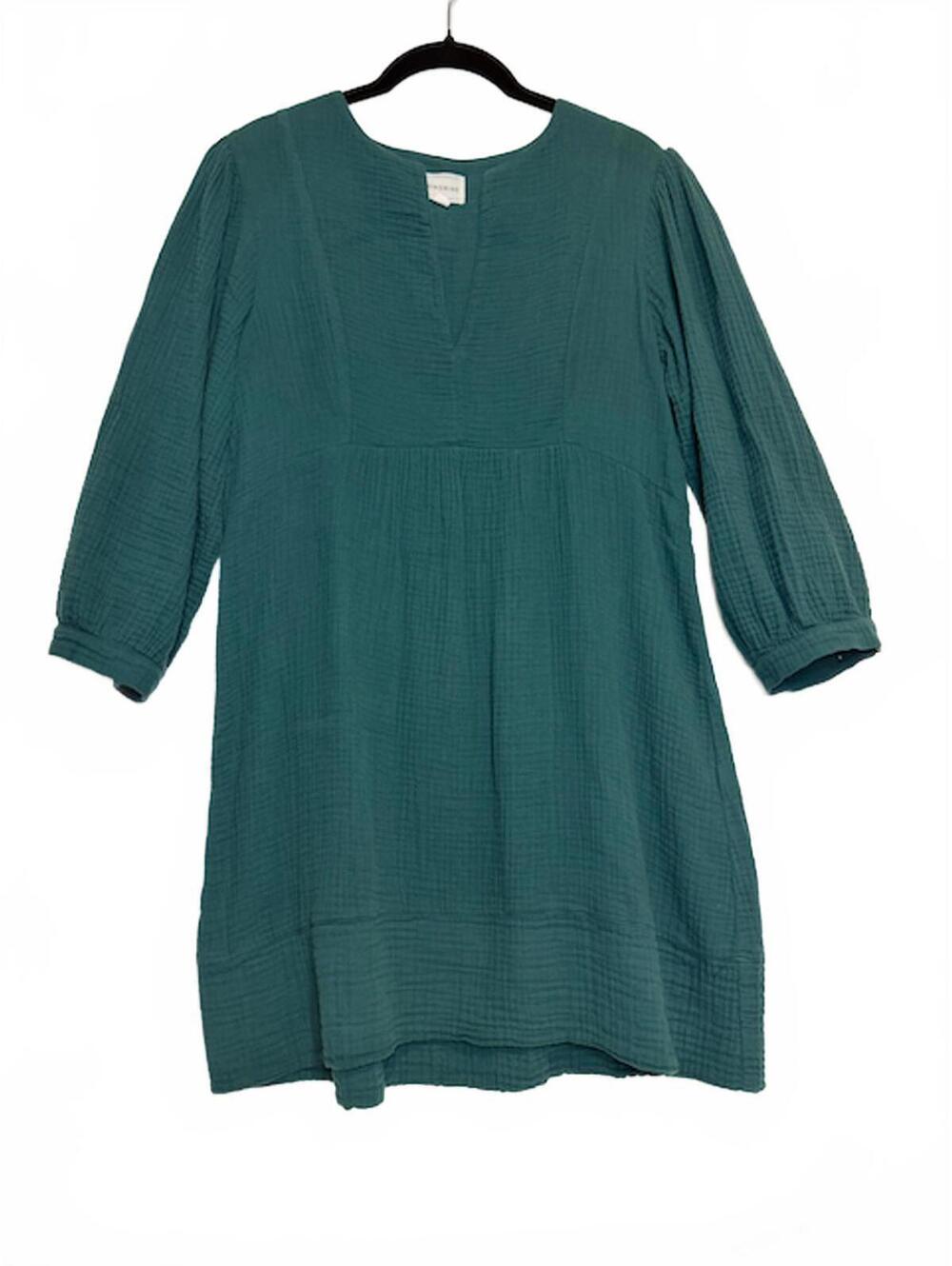 Honorine Short Giselle Double Gauze Mini Dress Teal Green 3/4 Sleeve Size XS